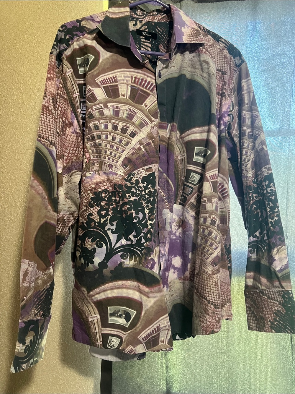 Vintage men’s Abstract Architectural Print Button-Up Shirt in Purple and Black